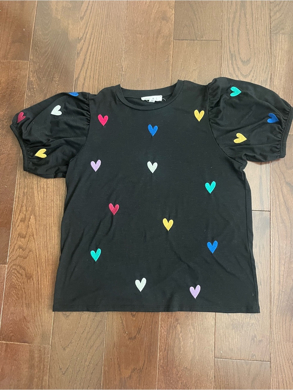 THML Black Puff-Sleeve Tee with Multicolor Heart Motifs